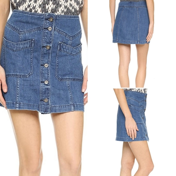 Free People Come A Little Closer Denim Skirt Front Button with Chevron Pockets - Picture 2 of 16